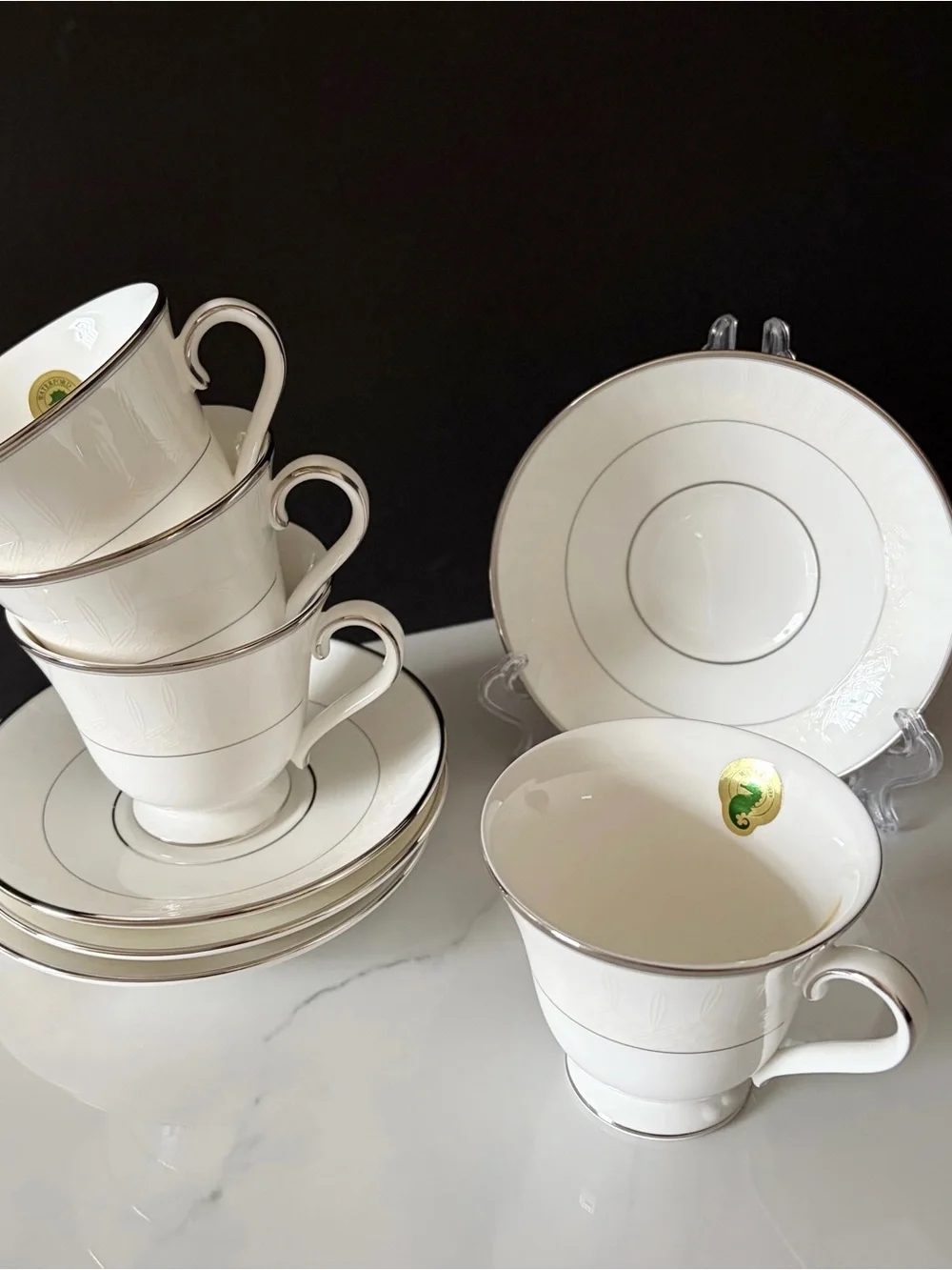 SET of 4 Lismore Platinum Cup & Saucers by Waterford